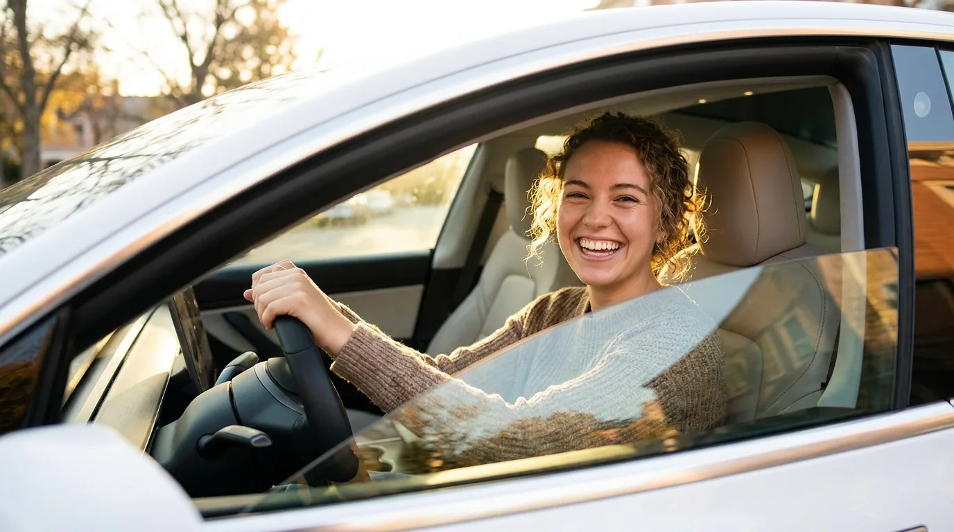 A driver behind the wheel of her newly delivered vehicle