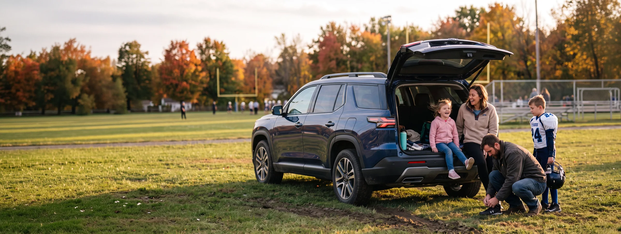 A family at their SUV before a school football game
